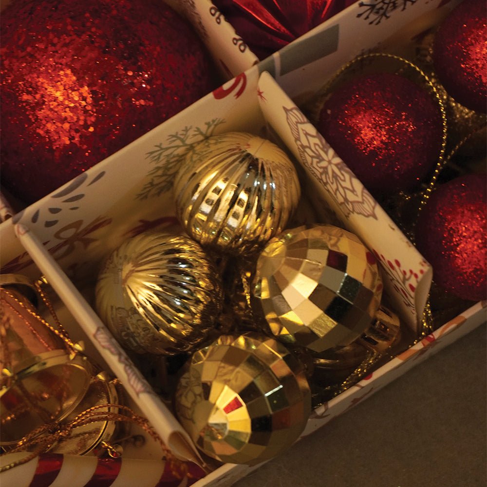 Little Surprise Box 64 pcs Red & Gold Mix themed Christmas Balls tree hanging, XMAS Decoration set. - Christmas Decor
