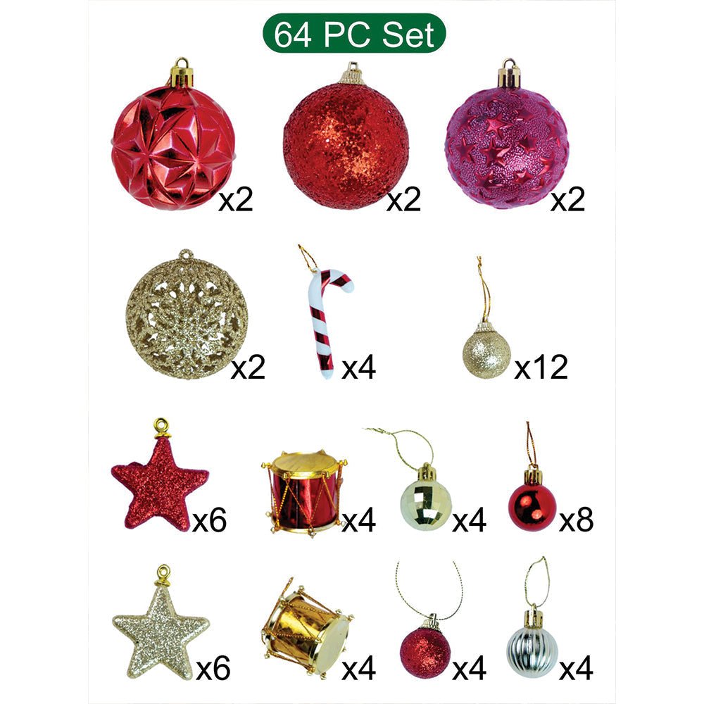 Little Surprise Box 64 pcs Red & Gold Mix themed Christmas Balls tree hanging, XMAS Decoration set. - Christmas Decor