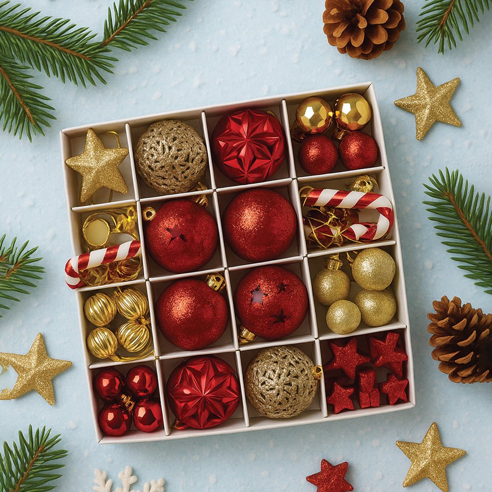 Little Surprise Box 64 pcs Red & Gold Mix themed Christmas Balls tree hanging, XMAS Decoration set. - Christmas Decor