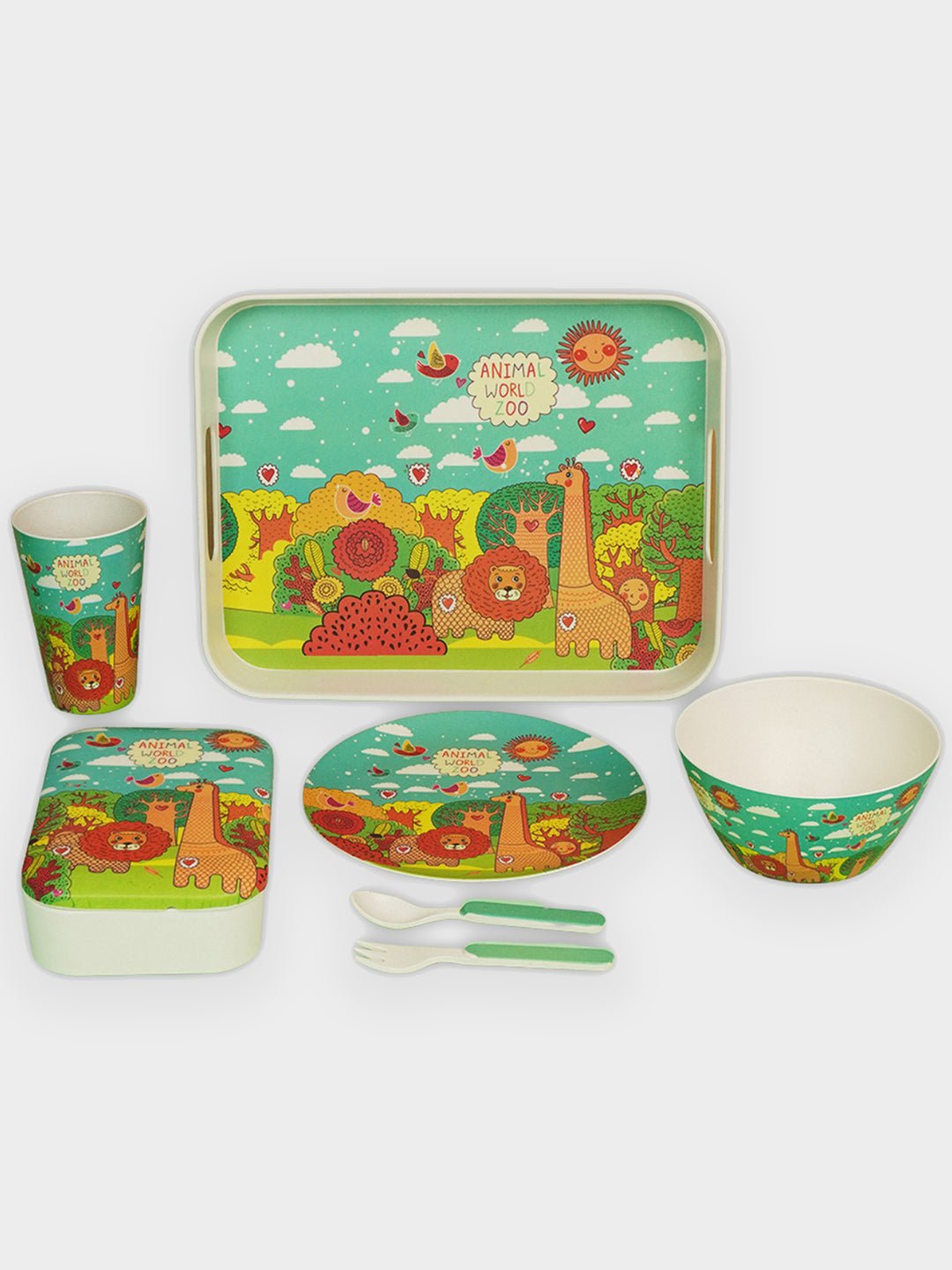 Little Surprise Box 7 pcs Eco friendly Bamboo Fiber Garden/ Picnic/Home Meal set for Kids - LSB - BAM - 7PCSJUNGLE