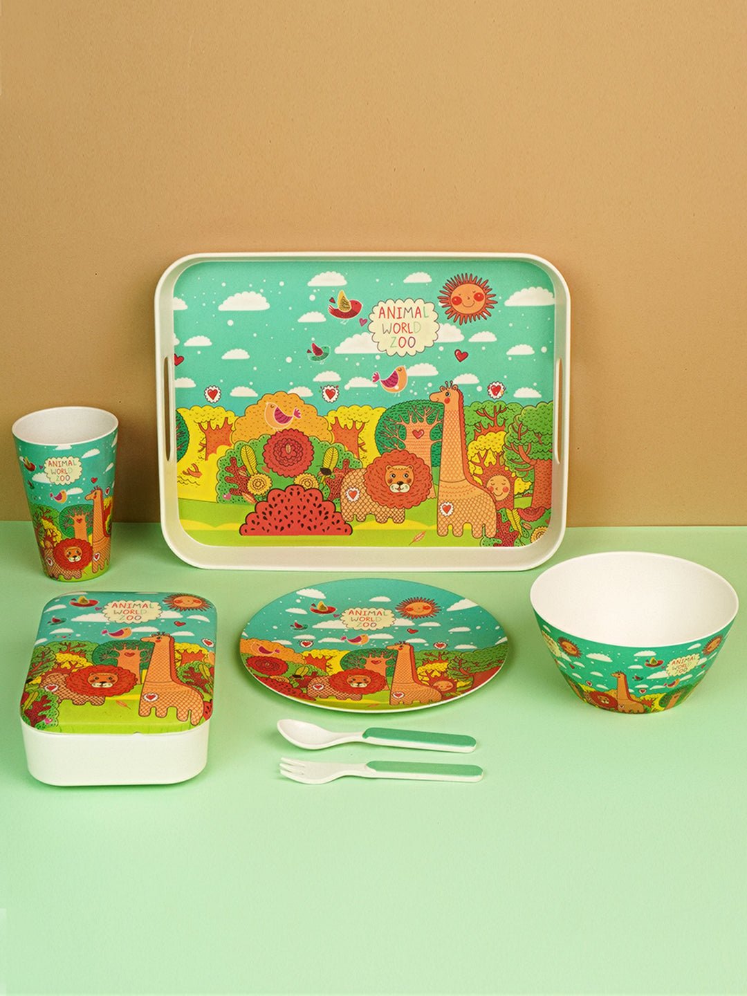 Little Surprise Box 7 pcs Eco friendly Bamboo Fiber Garden/ Picnic/Home Meal set for Kids - LSB - BAM - 7PCSJUNGLE