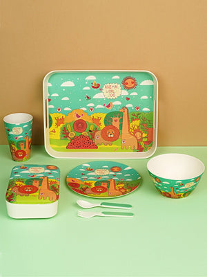 Little Surprise Box 7 pcs Eco friendly Bamboo Fiber Garden/ Picnic/Home Meal set for Kids - LSB - BAM - 7PCSJUNGLE
