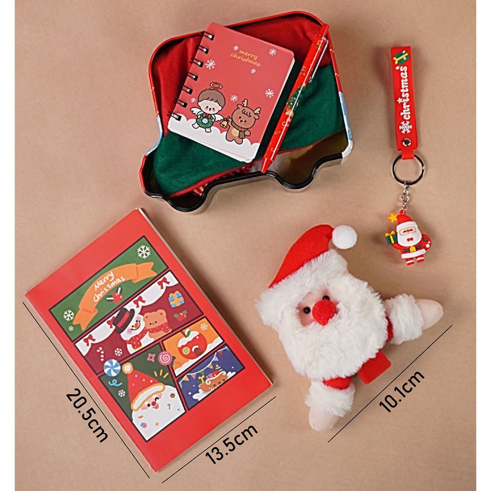 Little Surprise Box 7 Pcs Premium Christmas Gift Combo Set– Red Bus Tin with Notebook, Elf Hat, Wrist Band & Accessories - Christmas Decor