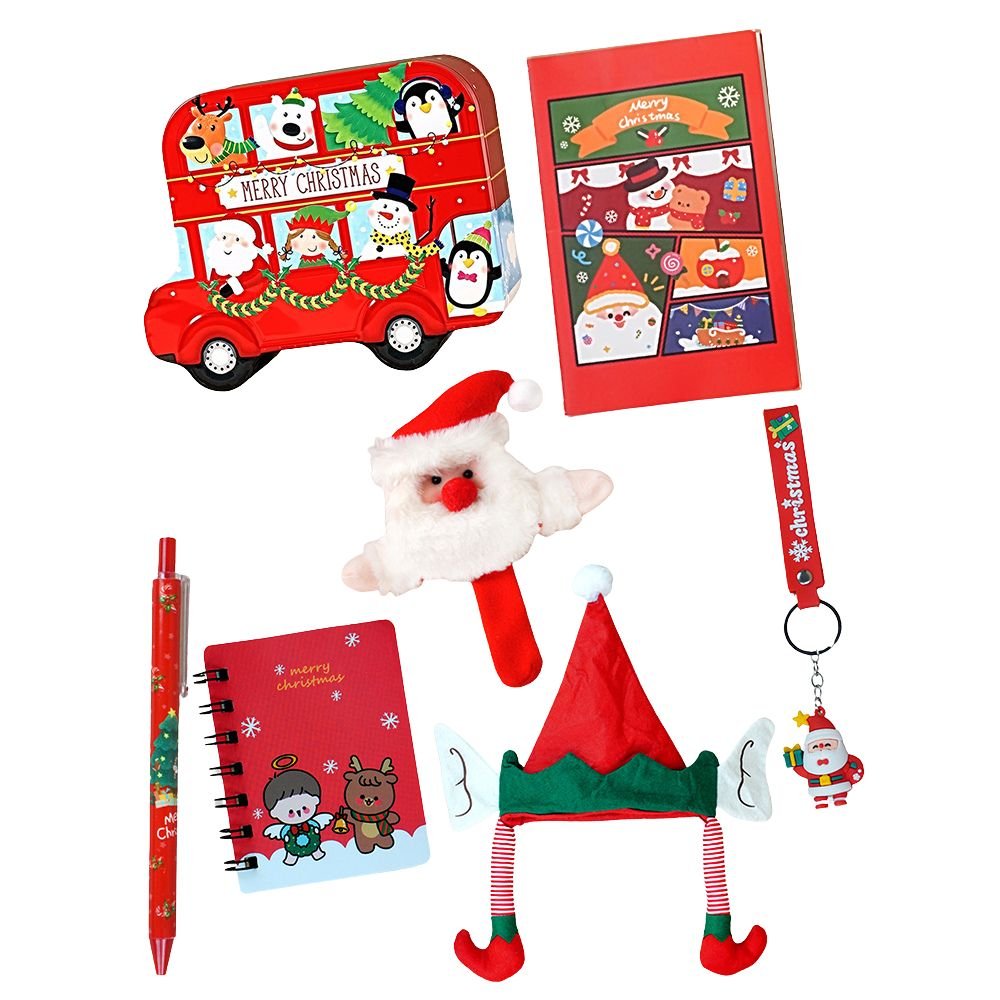 Little Surprise Box 7 Pcs Premium Christmas Gift Combo Set– Red Bus Tin with Notebook, Elf Hat, Wrist Band & Accessories - Christmas Decor