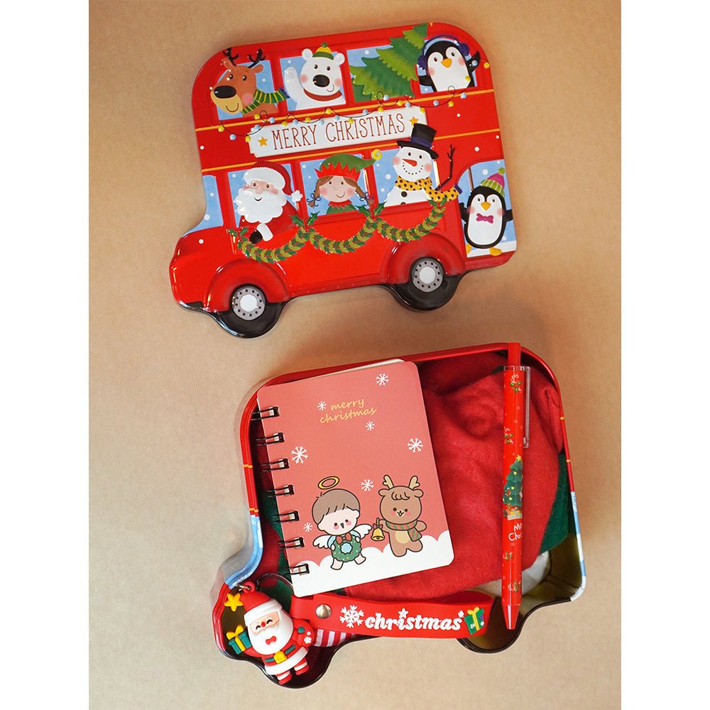 Little Surprise Box 7 Pcs Premium Christmas Gift Combo Set– Red Bus Tin with Notebook, Elf Hat, Wrist Band & Accessories - Christmas Decor