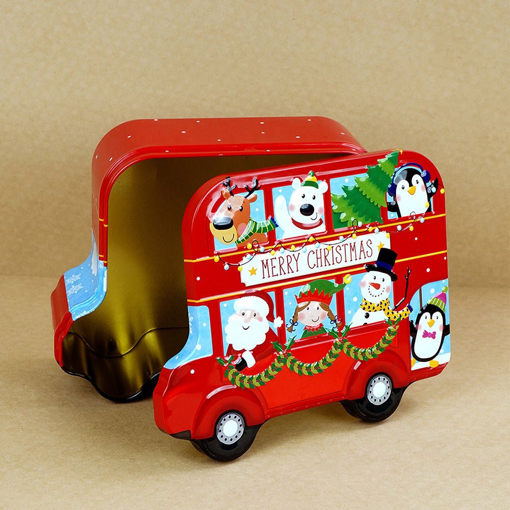 Little Surprise Box 7 Pcs Premium Christmas Gift Combo Set– Red Bus Tin with Notebook, Elf Hat, Wrist Band & Accessories - Christmas Decor