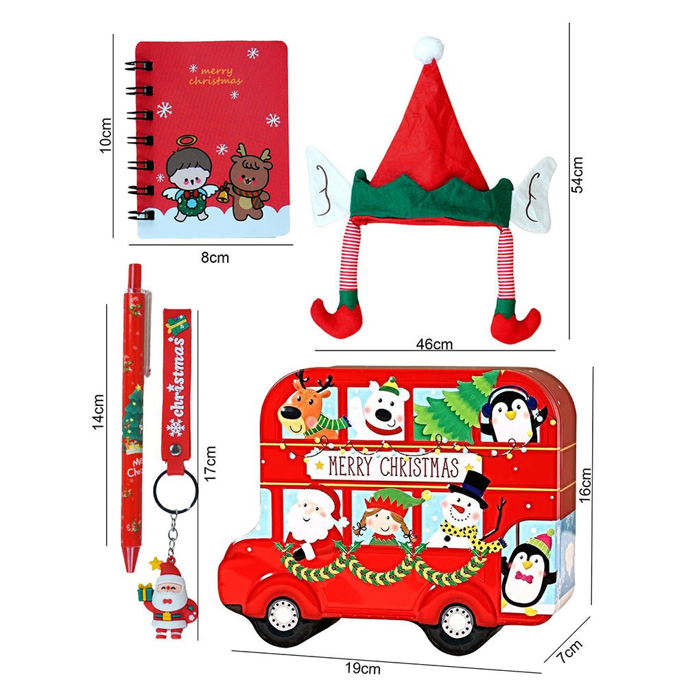 Little Surprise Box 7 Pcs Premium Christmas Gift Combo Set– Red Bus Tin with Notebook, Elf Hat, Wrist Band & Accessories - Christmas Decor