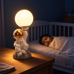 Little Surprise Box, Astronaut Holding Moon, side Bed Table Lamp, Kids Room Decor - Gold Room Decor