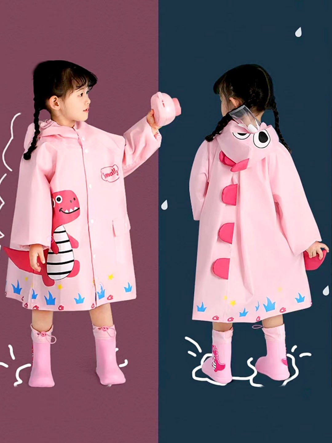 Little Surprise Box, Baby Pink Dino Park Raincoat for Kids and Toddlers - LSB - RC - BABYPNKDINO - M