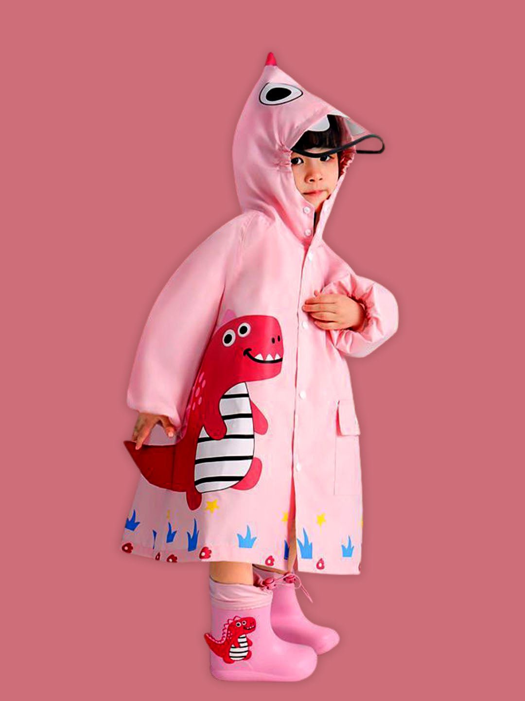 Little Surprise Box, Baby Pink Dino Park Raincoat for Kids and Toddlers - LSB - RC - BABYPNKDINO - M