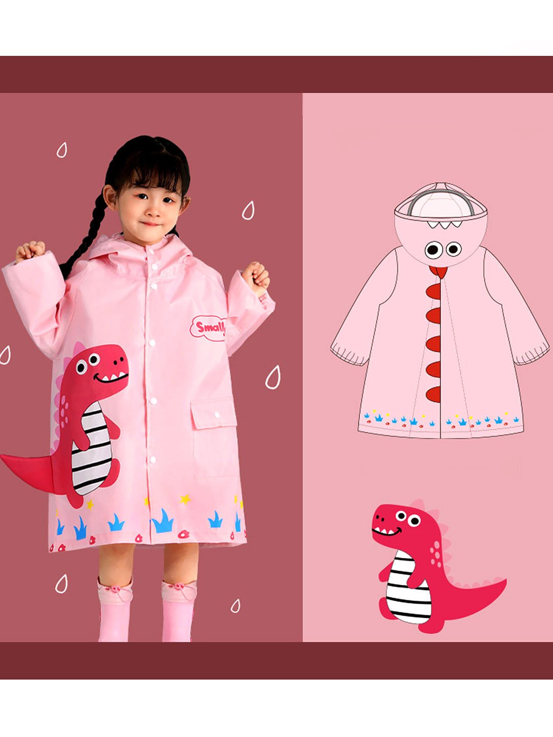 Little Surprise Box, Baby Pink Dino Park Raincoat for Kids and Toddlers - LSB - RC - BABYPNKDINO - M