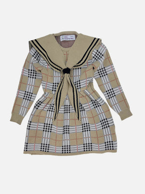Little Surprise Box Beige sailor Checkered Collar Knitted Frock Winterwear for girls - LSB - FRK - BEIGESAILORCOLLAR - 3 - 4Y
