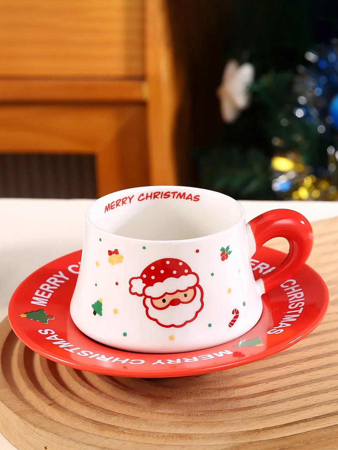 Little Surprise Box, Big Santa Christmas themed Ceramic Cup & Saucer with 3D Christmas Tree Spoon Gift Box Set - Christmas Cutlery