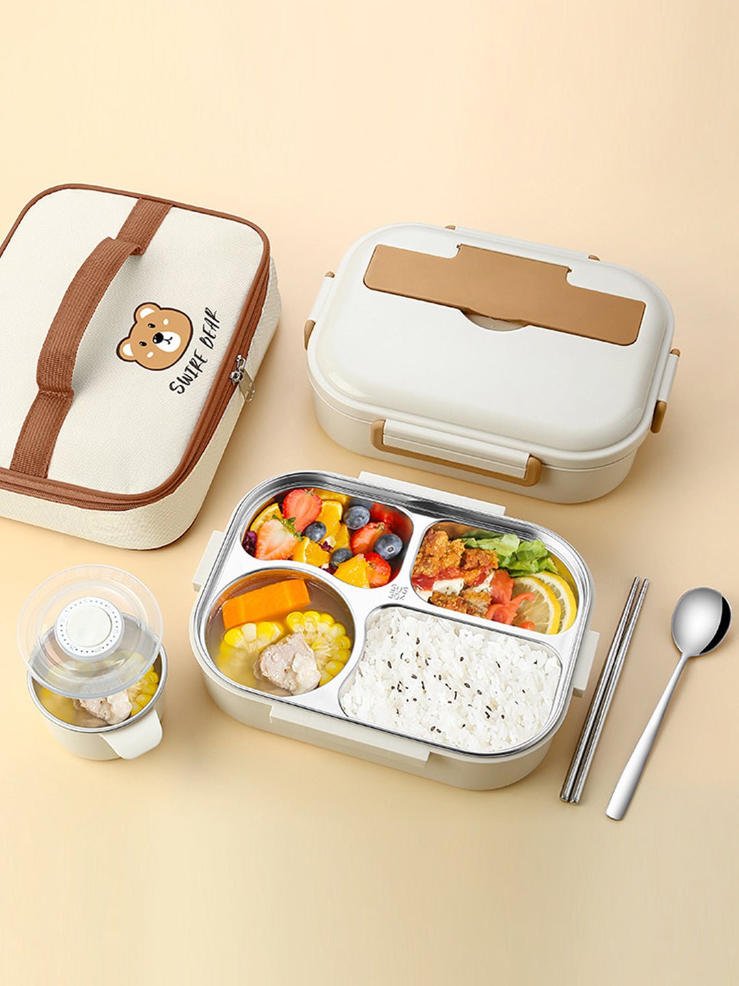Little Surprise Box, Big Size Stainless Steel Lunch Box with Lunch Bag & free Dip Box - LSB - LB - BRWNCREAM - LBAG
