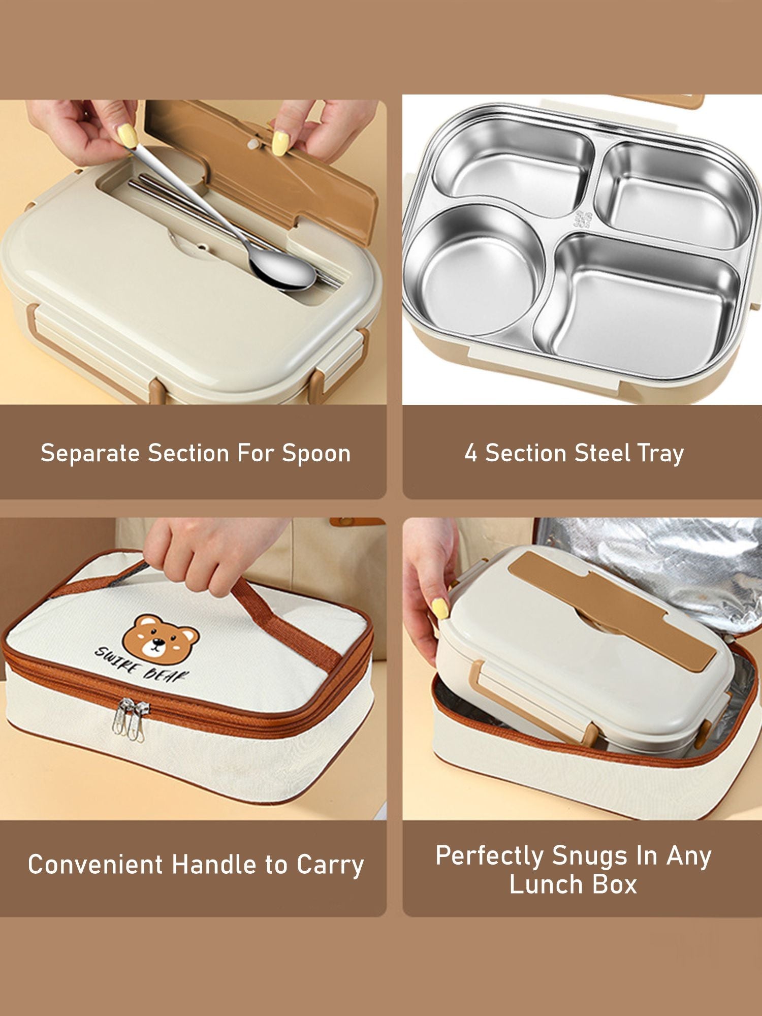 Little Surprise Box, Big Size Stainless Steel Lunch Box with Lunch Bag & free Dip Box - LSB - LB - BRWNCREAM - LBAG