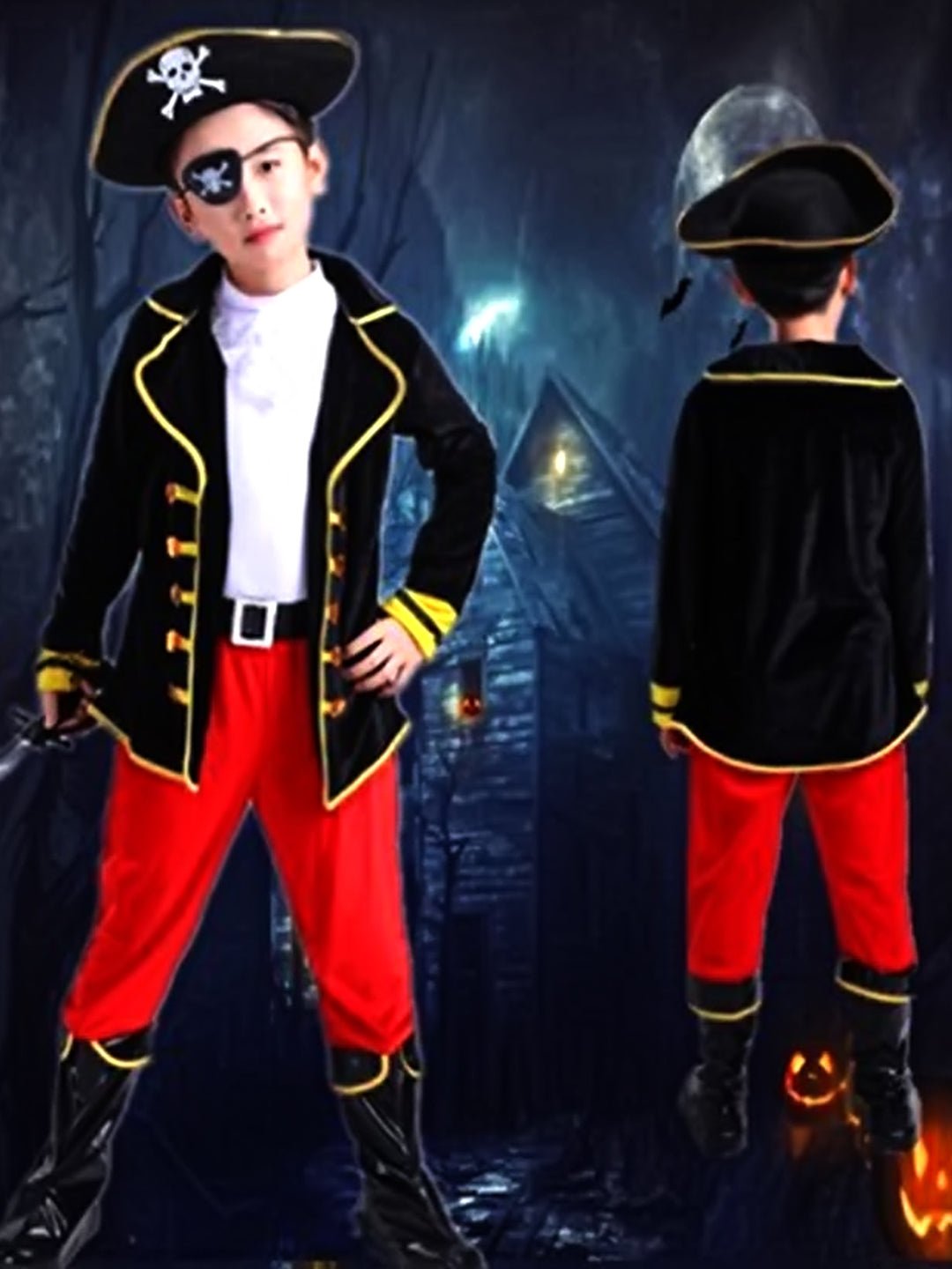 Little Surprise Box, Black Coat one eye Pirate , Kids Halloween Costume Fancy Dress Up - LSB - HWC - BLKCOATPIRATE - 4 - 6Y