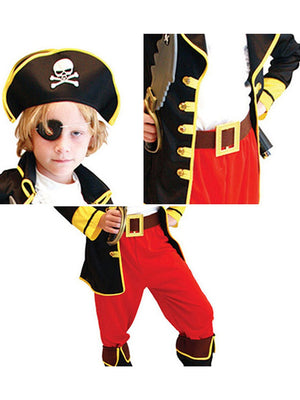 Little Surprise Box, Black Coat one eye Pirate , Kids Halloween Costume Fancy Dress Up - LSB - HWC - BLKCOATPIRATE - 4 - 6Y