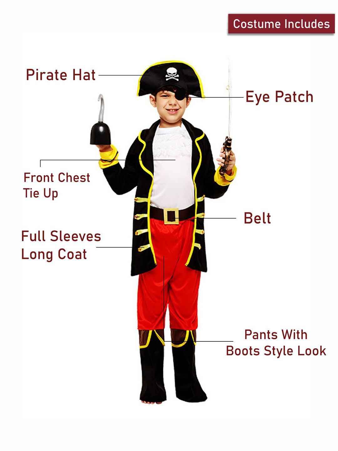 Little Surprise Box, Black Coat one eye Pirate , Kids Halloween Costume Fancy Dress Up - LSB - HWC - BLKCOATPIRATE - 4 - 6Y