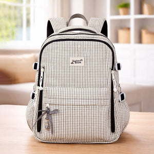 Little Surprise Box Black & Cream Checkered School Backpack with Bow & Heart Keychain for Kids & Teens - School Bag