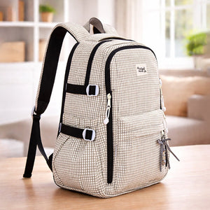 Little Surprise Box Black & Cream Checkered School Backpack with Bow & Heart Keychain for Kids & Teens - School Bag