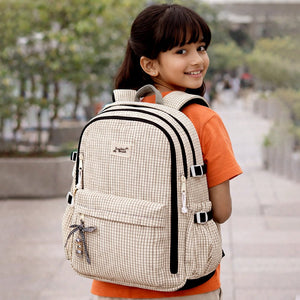 Little Surprise Box Black & Cream Checkered School Backpack with Bow & Heart Keychain for Kids & Teens - School Bag