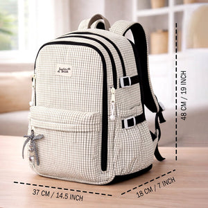 Little Surprise Box Black & Cream Checkered School Backpack with Bow & Heart Keychain for Kids & Teens - School Bag