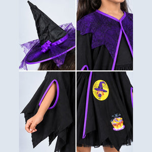 Little Surprise Box, Black & Purple Witch Poncho & Hat set,No Frock included, Kids Halloween Costume Fancy Dress Up - M Halloween Costumes