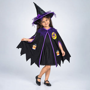 Little Surprise Box, Black & Purple Witch Poncho & Hat set,No Frock included, Kids Halloween Costume Fancy Dress Up - M Halloween Costumes