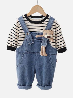 Little Surprise Box Black tee Long Teddy toy Dungaree Style 2 pc clothing set for Toddlers and Kids - Kids Winter Set