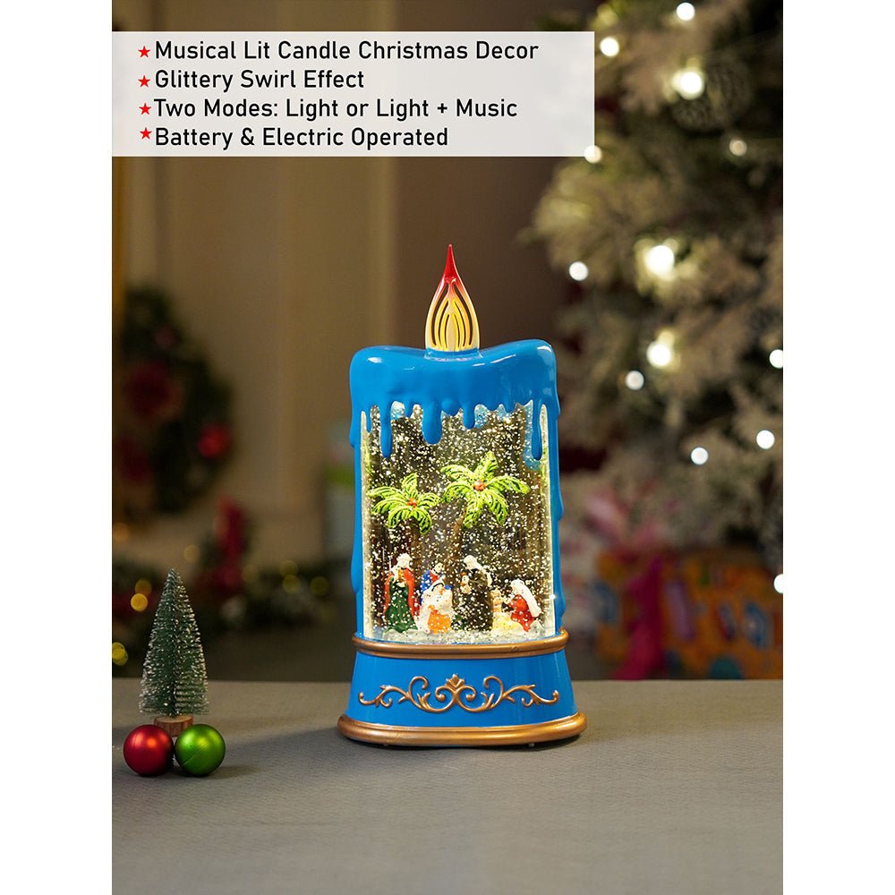 Little Surprise Box Blue Candle, with Musical Glitter Water and Lights, Christmas home décor and decoration - Christmas Decor