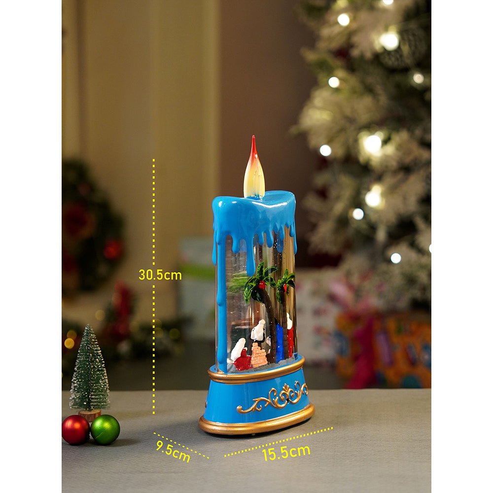 Little Surprise Box Blue Candle, with Musical Glitter Water and Lights, Christmas home décor and decoration - Christmas Decor