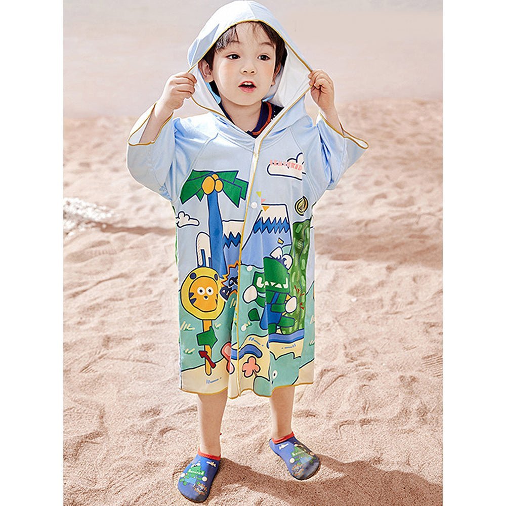 Little Surprise Box Blue Dino Lightweight Microfibre Hooded Swim Poncho/ beach coverup towel for Kids - LSB-SW-PNCHODINO100