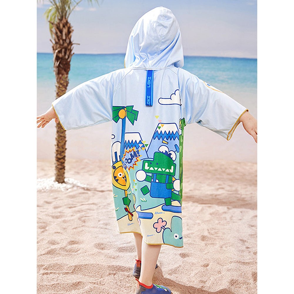 Little Surprise Box Blue Dino Lightweight Microfibre Hooded Swim Poncho/ beach coverup towel for Kids - LSB-SW-PNCHODINO100