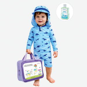 Little Surprise Box Blue Dolphin Swimwear Set + Long Cap, Wash Bag & Detergent - 2 - 3 Years Kids Swimwear