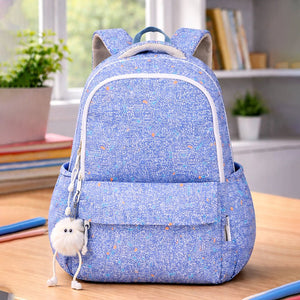 Little Surprise Box Blue Doodle Print School Backpack with Plush Pom - Pom Keychain - School Bag