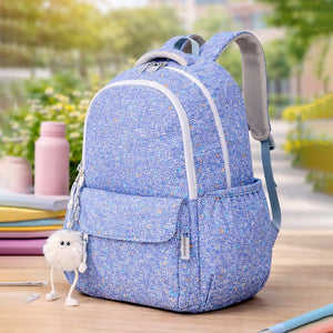 Little Surprise Box Blue Doodle Print School Backpack with Plush Pom - Pom Keychain - School Bag