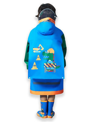 Little Surprise Box, Blue Green sleeve Dino Digger knee length raincoat for kids - LSB - RC - BLUGRN - DINODIG - LK - S