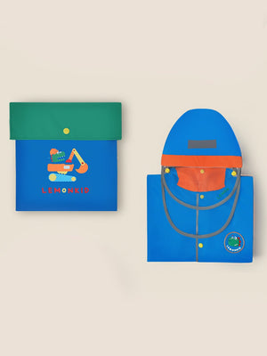 Little Surprise Box, Blue Green sleeve Dino Digger knee length raincoat for kids - LSB - RC - BLUGRN - DINODIG - LK - S
