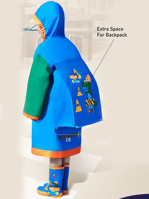 Little Surprise Box, Blue Green sleeve Dino Digger knee length raincoat for kids - LSB - RC - BLUGRN - DINODIG - LK - S