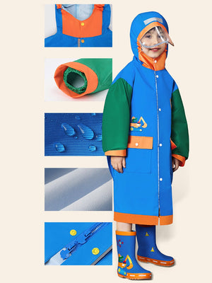 Little Surprise Box, Blue Green sleeve Dino Digger knee length raincoat for kids - LSB - RC - BLUGRN - DINODIG - LK - S