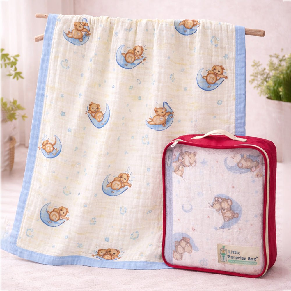 Little Surprise Box Blue Moon Teddy Muslin Cotton Baby Blanket - Baby Blanket
