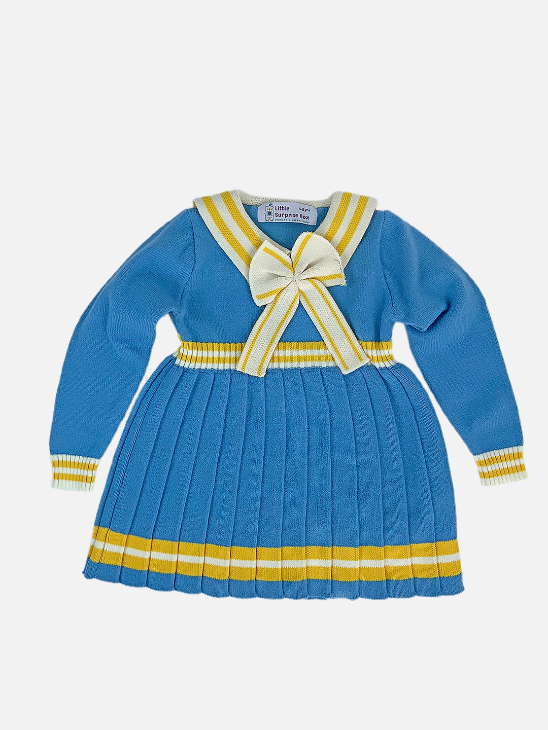 Little Surprise Box Blue & Mustard Big Bow & Stripes Sailor neck Winterwear Frock for girls - LSB - FRK - BLUMUSTBOW - 3 - 4Y