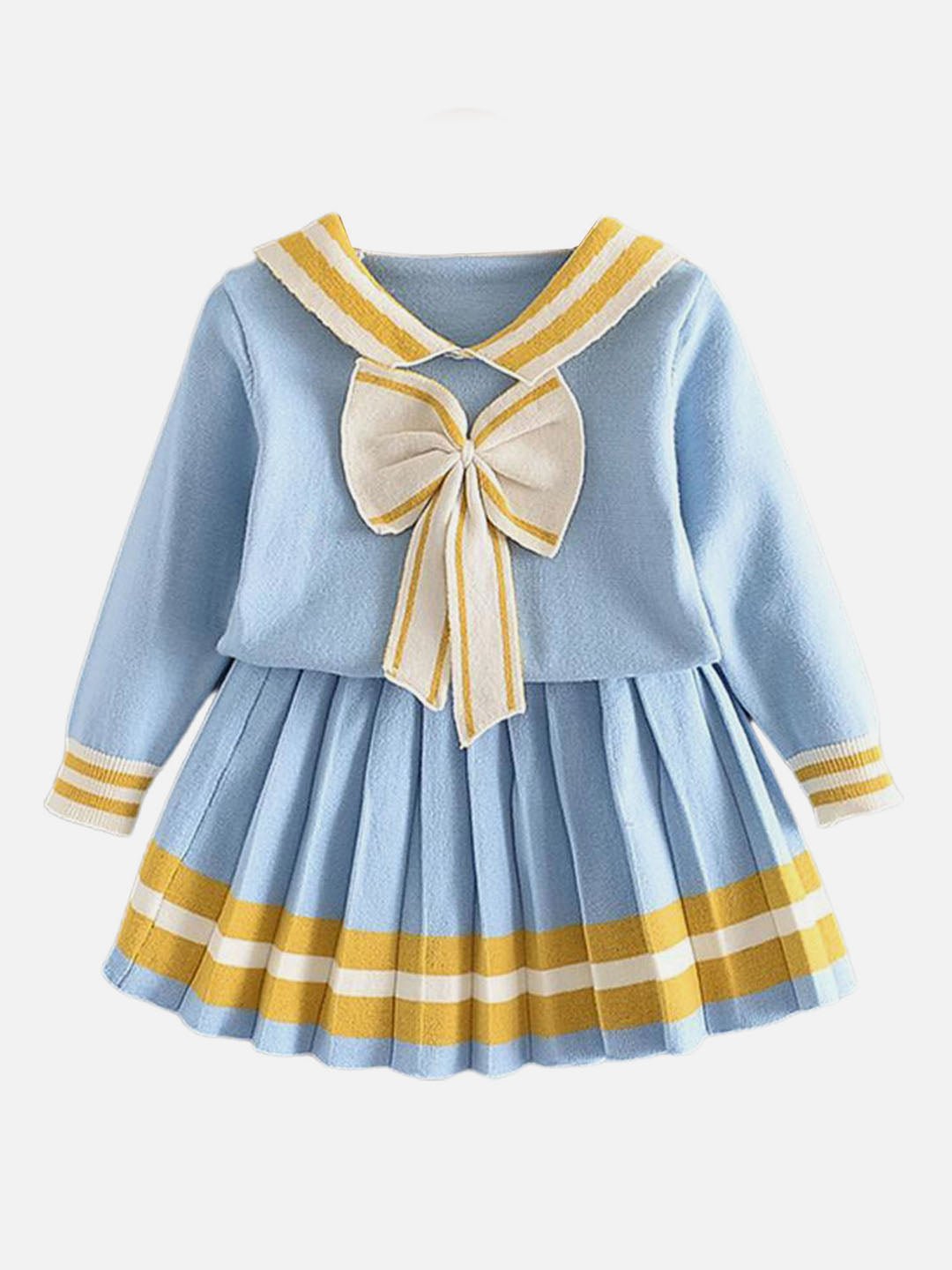 Little Surprise Box Blue & Occur Pleated Bow 2 pcs top & Skirt Winterwear set for Girls - LSB - 2PCSKRT - BLUOCRPLEATES - 2 - 3Y