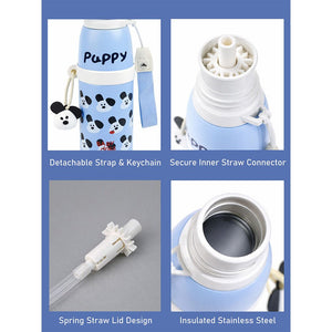 Little Surprise Box Blue Puppy Stripes Cap Series, Stainless Steel Kids Water Bottle, 520ml - Water Bottle- Features- Detachable strap & Keychain- Secure Inner straw connector- Spring Straw Lid Design- Insulated Stainless Steel