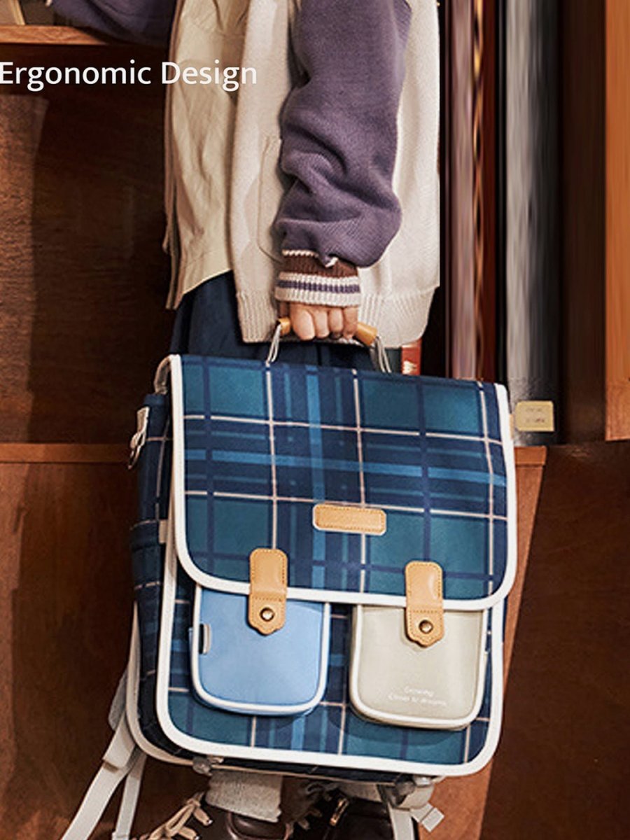 Little Surprise Box Blue Scottish Plaid Checks Rectangle style Backpack for Kids, M - LSB-BG-KKBLUSCOTMED