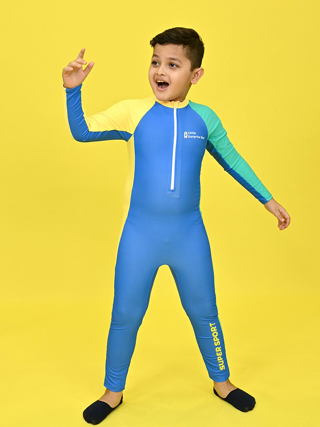 Little Surprise Box, Blue Tri Color Super Sport Swimwear for Toddlers & Kids with UPF 30+(130) - LSB - SW - LSBTRIBLU130