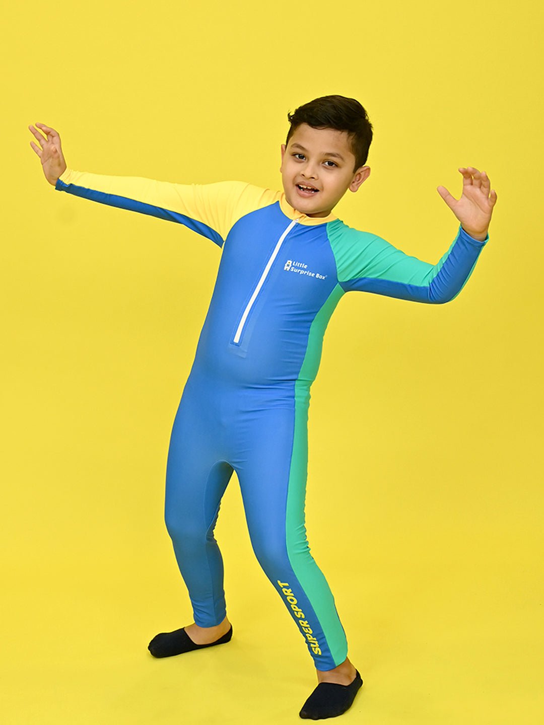 Little Surprise Box, Blue Tri Color Super Sport Swimwear for Toddlers & Kids with UPF 30+(130) - LSB - SW - LSBTRIBLU130