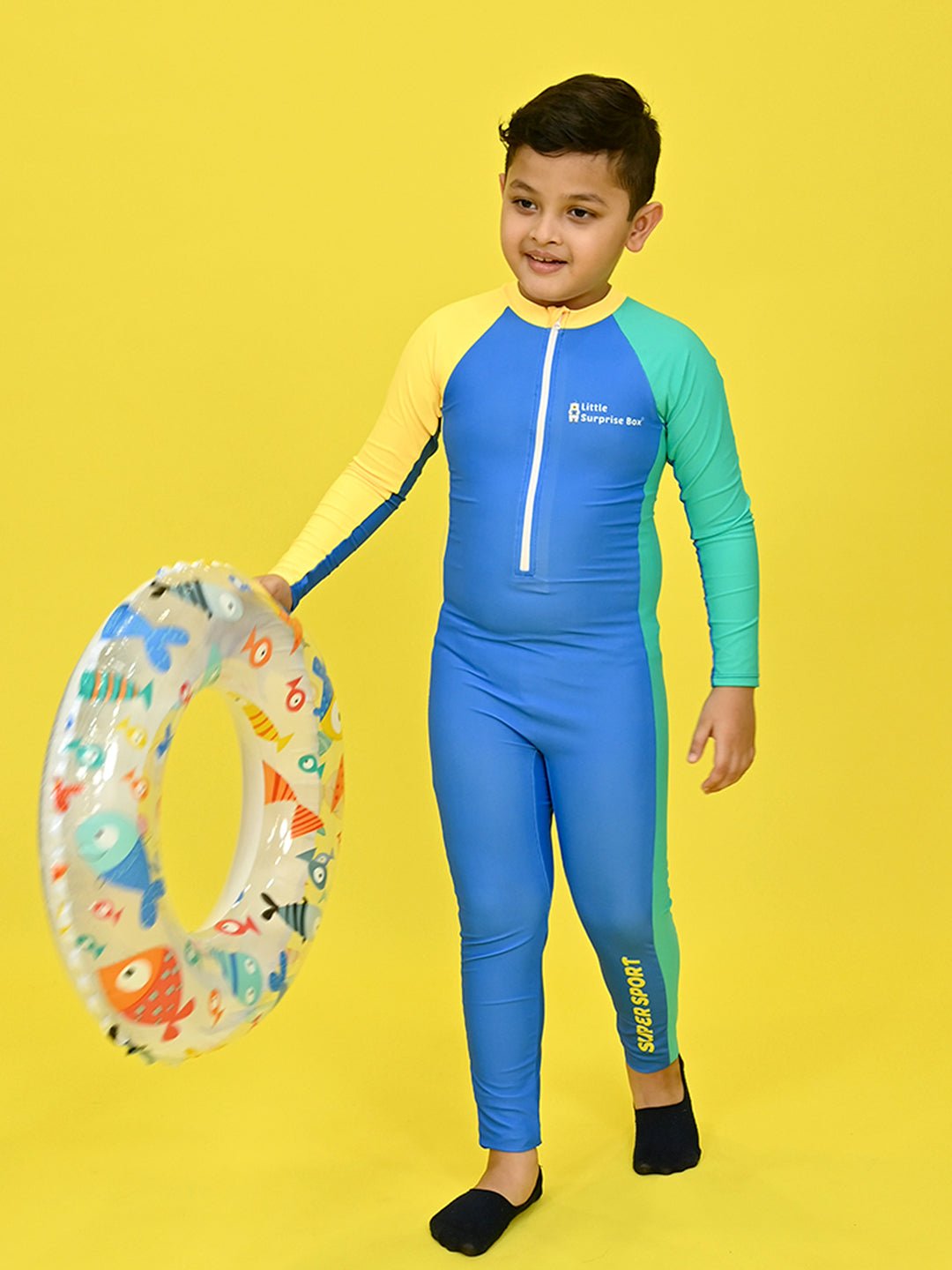 Little Surprise Box, Blue Tri Color Super Sport Swimwear for Toddlers & Kids with UPF 30+(130) - LSB - SW - LSBTRIBLU130