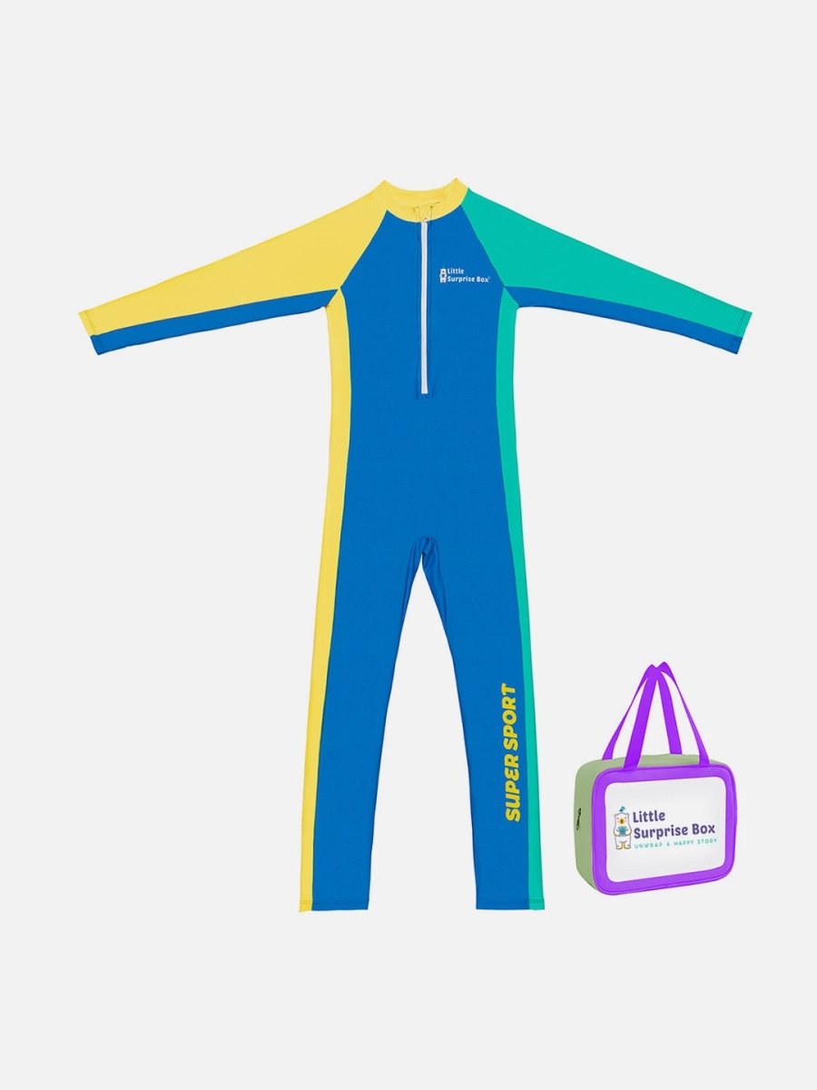 Little Surprise Box, Blue Tri Color Super Sport Swimwear for Toddlers & Kids with UPF 30+(130) - LSB-SW-LSBTRIBLU130