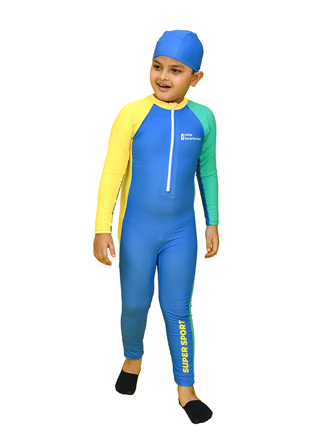 Little Surprise Box, Blue Tri Color Super Sport Swimwear for Toddlers & Kids with UPF 30+(130) - LSB - SW - LSBTRIBLU130